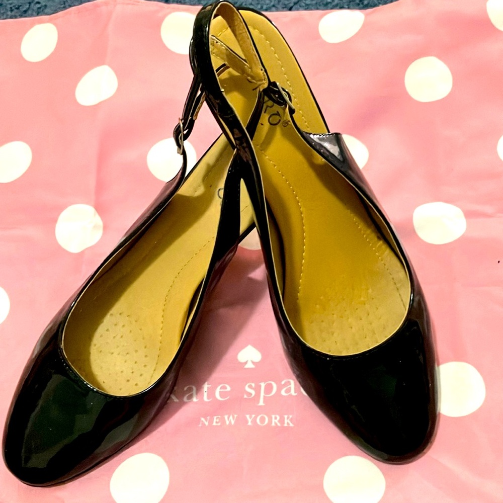 Black patent leather sling back heels